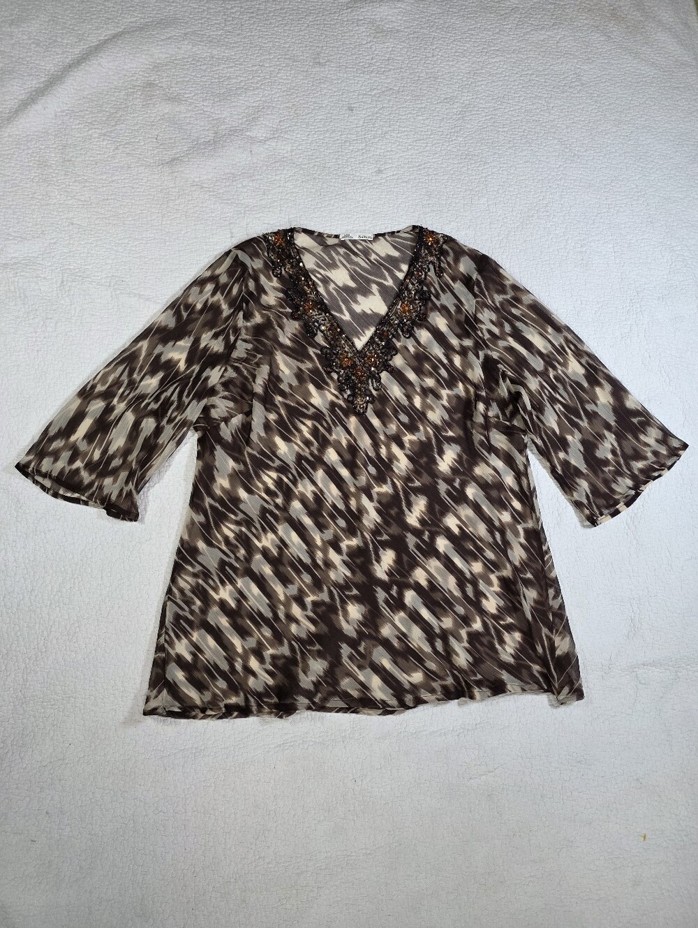 Solitaire Sequins Beaded V-Neck Brown Patterned Sheer Top